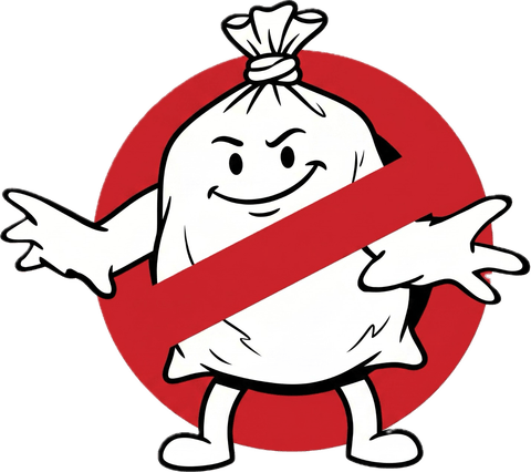 The Waste Busters mascot, a rubbish bag in a red circle